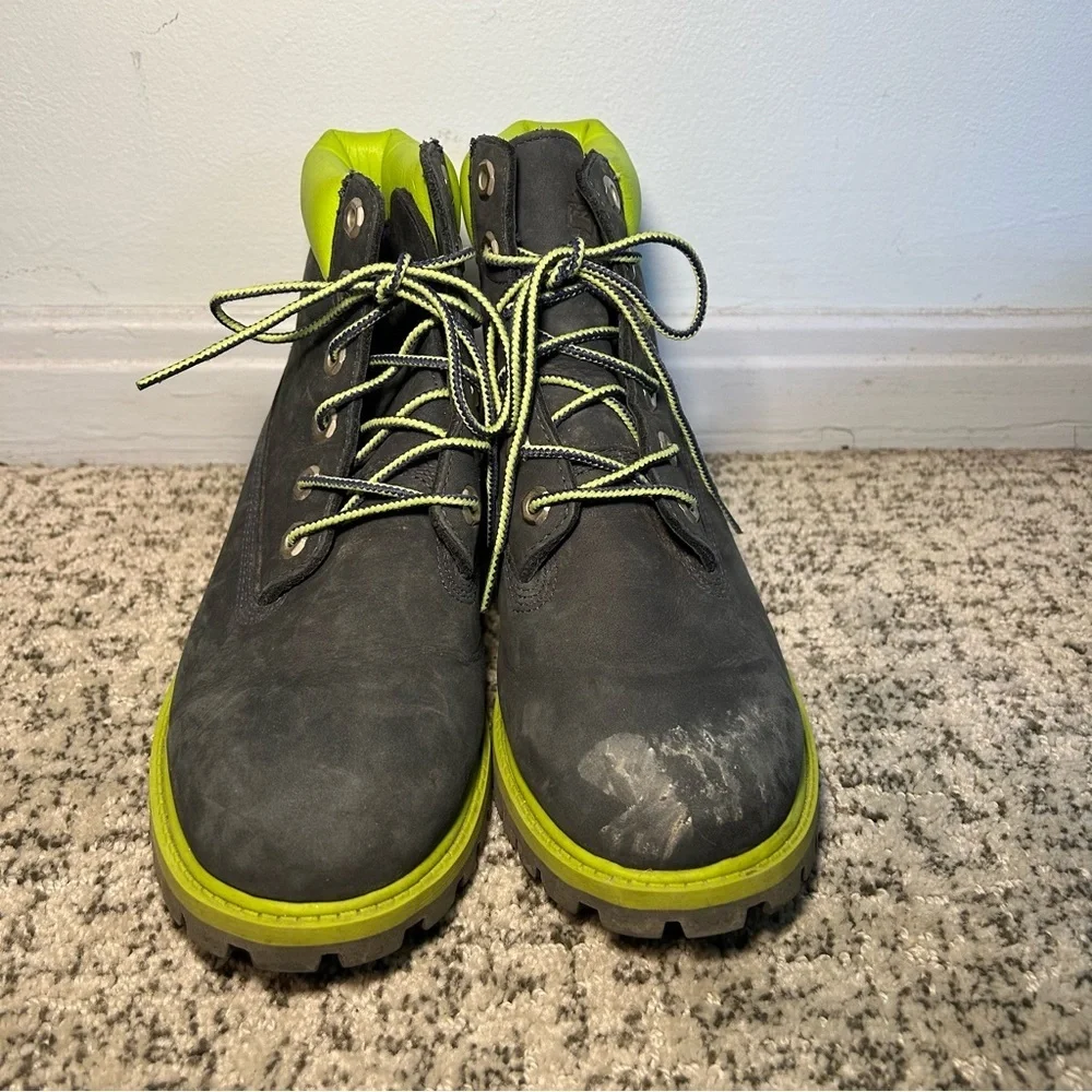 Timberland Green & Safety Grey Suede 6” Premium Waterproof Boots Size 4 Kids